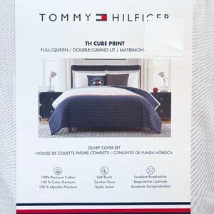 Tommy Hilfiger TH Cube Navy White Queen Size Duvet Cover & Shams Set (MSRP $250)